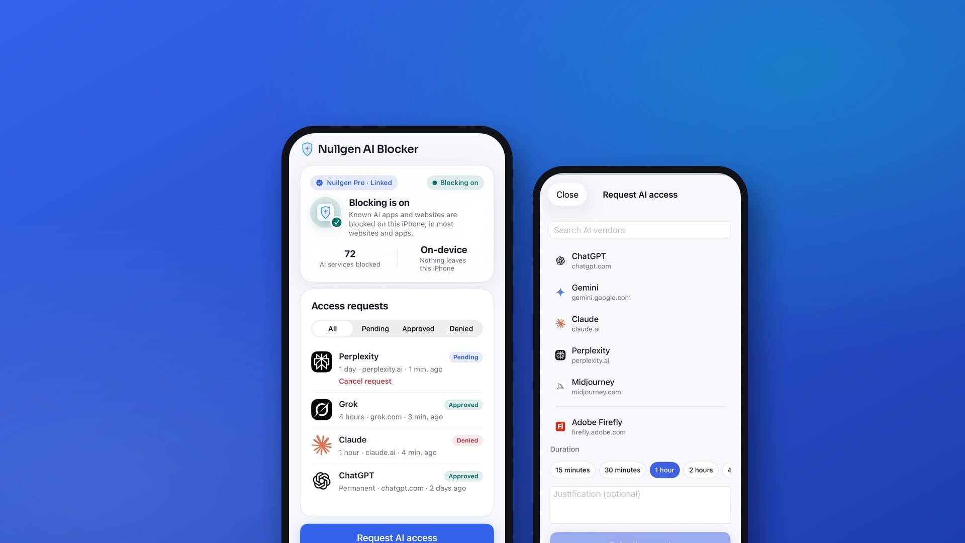 Two iPhones showing the Nullgen AI Blocker app: blocking on with a list of access requests, and the request access screen.
